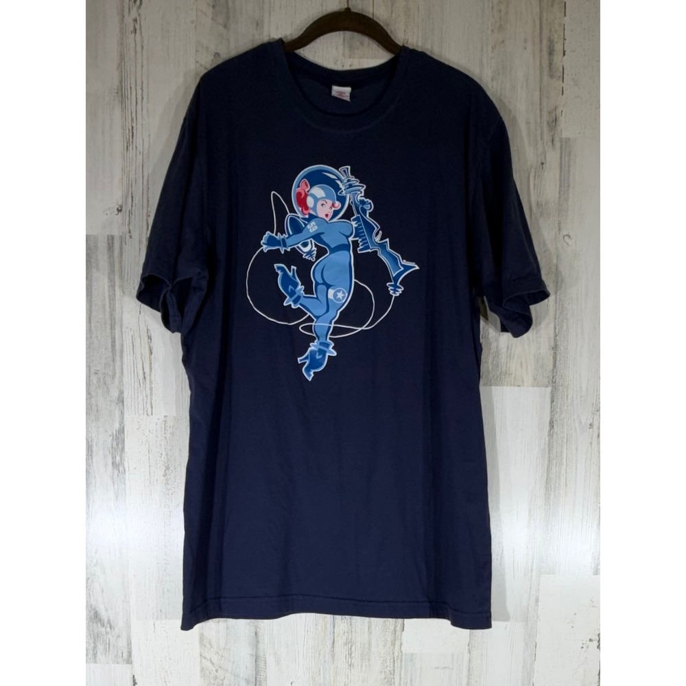 Bawidamann Astro Naughty Pin Up Graphic TShirt XXL Navy Blue Space Girl USA READ